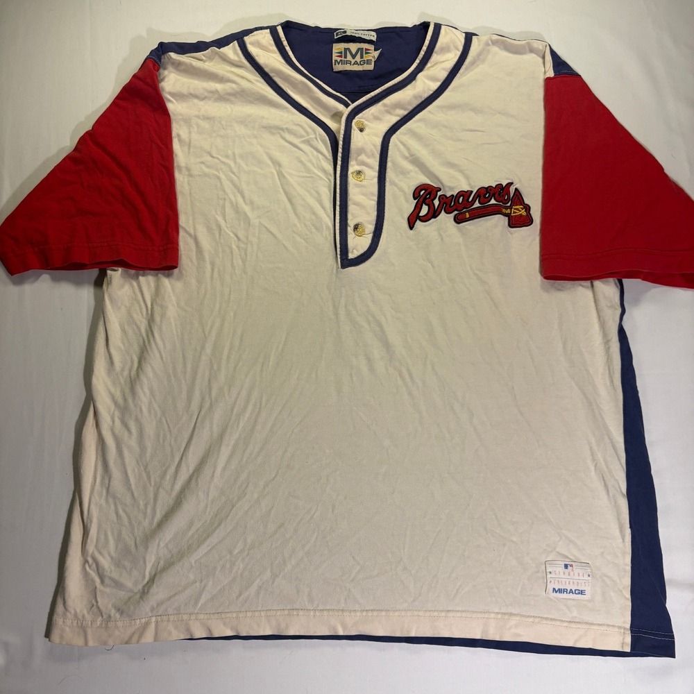 Vintage Mirage Atlanta Braves MLB Henley Baseball Jersey Cream Blue Red XL